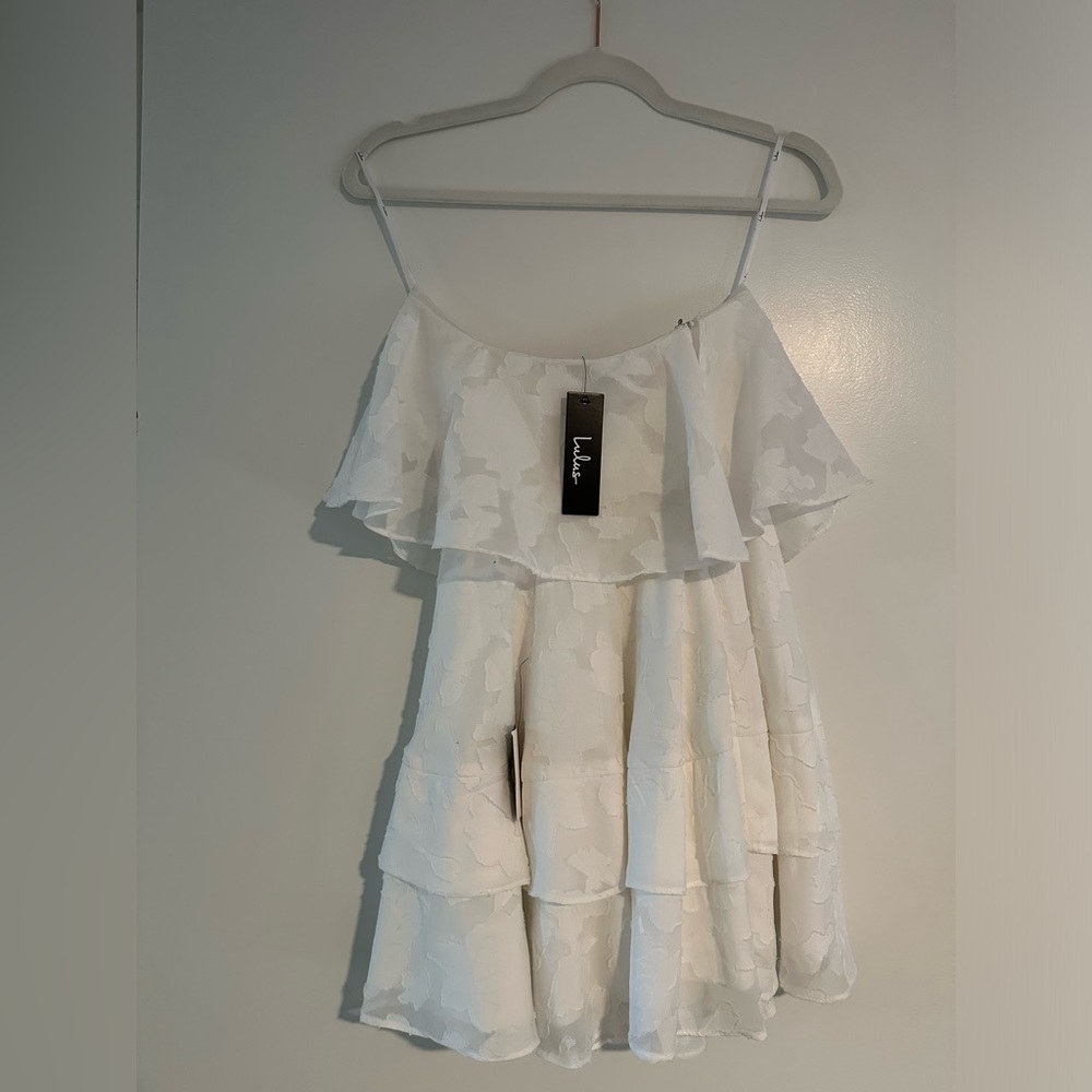 Lulus Strapless White Ruffle Dress with Floral Design
